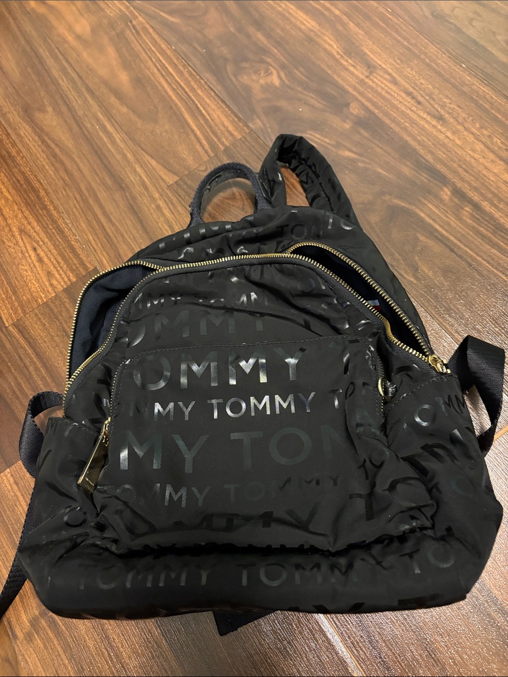 Tommy Hilfiger Black Nylon Logo Print women’s Backpack with Gold Hardware